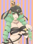  1girl bandages breasts drill_hair earrings fiore_brunelli green_hair hair_ornament halloween halloween_costume hat higemaccho highres jack-o&#039;-lantern jewelry large_breasts long_hair looking_at_viewer mummy_costume nail_polish naked_bandage navel open_mouth smile solo star_ocean star_ocean_integrity_and_faithlessness twin_drills yellow_eyes 