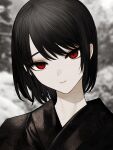  1girl black_hair black_kimono blurry blurry_background branch chinikuniku closed_mouth day floral_print grey_sky hair_between_eyes japanese_clothes kimono looking_at_viewer original outdoors pale_skin red_eyes short_hair sky smile snow solo tree 