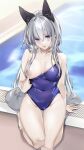  1girl animal_ears bare_arms bare_shoulders blue_eyes blue_one-piece_swimsuit blush breasts cleavage collarbone commentary_request covered_navel grey_hair hair_between_eyes highres kneeling large_breasts long_hair looking_at_viewer nipples one-piece_swimsuit original parted_lips pool smile solo swimsuit tail thighs water wet yukibuster_z 