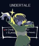  1other androgynous arm_up black_background bob_cut brown_eyes brown_hair brown_shorts chara_(undertale) commentary copyright_name green_shirt heart holding holding_microphone long_sleeves looking_at_viewer microphone music open_mouth oshiruko_(tsume) reaching reaching_towards_viewer shirt short_hair shorts simple_background singing single_horizontal_stripe solo sparkle spread_fingers undertale upper_body user_interface v-shaped_eyebrows 