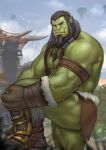  110_(ylnzei) 1boy absurdres beard black_hair colored_skin facial_hair from_side green_skin highres large_feet large_hands large_pectorals loincloth long_beard looking_at_viewer looking_to_the_side male_focus mature_male monster_boy muscular muscular_male orc pectorals pointy_ears solo thick_arms thick_eyebrows thick_thighs thighs thrall tied_beard tusks veins veiny_arms warcraft world_of_warcraft 
