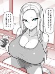  1girl blue_eyes breasts commentary_request greyscale highres huge_breasts long_hair looking_up monochrome original revealing_clothes sakidesu short_shorts shorts tank_top translation_request 