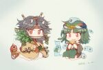  2others androgynous apron black_hair brown_shirt brown_shorts brown_sleeves burabura chibi commentary_request corn dated detached_sleeves eating food green_apron green_hair headband highres holding holding_food holding_vegetable horns japanese_clothes kimono kneeling lakenightbug len&#039;en long_sleeves medium_hair multiple_hairpins multiple_others other_focus para_(len&#039;en) red_eyes red_headband shirt shorts slippers taira_no_chouki vegetable white_footwear yellow_kimono 