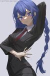  1girl absurdres alternate_costume arm_behind_head arm_up black_jacket black_pants black_suit blue_eyes blue_hair collared_shirt formal highres izei1337 jacket long_hair mushoku_tensei necktie pant_suit pants red_necktie roxy_migurdia shirt solo suit suit_jacket twintails twitter_username 