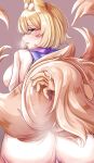  1girl animal_ears ass blonde_hair blue_eyes breasts commentary_request dress fox_ears fox_tail from_behind grey_background highres kitsune large_breasts long_hair looking_at_viewer mirufui multiple_tails open_mouth simple_background solo tabard tail touhou white_dress yakumo_ran 