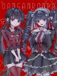  2girls :d black_hair black_jacket black_nails black_sailor_collar black_skirt breasts celestia_ludenberg center_frills closed_mouth copyright_name danganronpa:_trigger_happy_havoc danganronpa_(series) danganronpa_v3:_killing_harmony drill_hair earrings frilled_skirt frills grey_shirt hair_ornament hairclip harukawa_maki highres holding holding_knife jacket jewelry knife layered_skirt long_sleeves low_twintails miniskirt mole mole_under_eye multiple_girls nail_polish necktie ohn_(hiyu194) open_clothes open_jacket own_hands_together print_necktie red_background red_eyes red_necktie red_scrunchie red_shirt red_thighhighs sailor_collar scrunchie shiny_clothes shiny_skin shirt skirt small_breasts smile teeth thighhighs twin_drills twintails zettai_ryouiki 