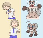  big_breasts breasts clothed clothing drakeposting duo female feral florian_(pokemon) generation_7_pokemon humanoid male nintendo pokemon pokemon_(species) pokemon_humanoid rockruff shovocklle 