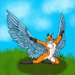  angel animal_humanoid anthro balls canid canid_humanoid canine canine_humanoid flaccid fox fox_humanoid genitals hi_res humanoid male mammal mammal_humanoid nude penis reywoof solo wings wingspan 