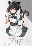  1girl absurdres animal_ears apron bandaid bandaid_on_hand black_hair black_mask black_skirt blunt_bangs bow cat_ears cat_tail choppy_bangs collared_shirt contrapposto ear_chain ear_covers ear_piercing fake_animal_ears fingernails framed_breasts frilled_skirt frills garter_straps hand_on_own_hip highres indie_virtual_youtuber looking_at_viewer maid maid_headdress mask mask_pull medium_hair miniskirt mouth_mask multicolored_hair multiple_piercings nail_polish name_tag official_alternate_costume open_mouth pasties piercing pink_eyes pink_hair red_nails rikotan_(vtuber) rikotan_(vtuber)_(2nd_costume) ritohasu_0522 see-through see-through_silhouette see-through_skirt shirt simple_background single_garter_strap skindentation skirt solo streaked_hair tail tail_bow tail_ornament twintails underbust undershirt virtual_youtuber waist_apron white_apron wolf_tail wrist_cuffs 