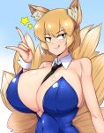  1girl animal_ear_fluff animal_ears bare_shoulders between_breasts black_necktie blonde_hair blue_leotard blush breasts covered_navel detached_collar fox fox_ears fox_girl fox_shadow_puppet fox_tail highres kitsune large_breasts leotard looking_at_viewer multiple_tails necktie necktie_between_breasts no_headwear norori playboy_bunny short_hair smile solo strapless strapless_leotard tail touhou wrist_cuffs yakumo_ran yellow_eyes 