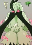  anthro back_boob big_breasts big_butt breasts butt butt_focus curvy_figure eyelashes female fur generation_9_pokemon green_body green_fur grey_background half-closed_eyes hi_res huge_breasts japanese_text looking_at_viewer looking_back meowscarada motion_lines narrowed_eyes nintendo nishiki_(artist) pink_nose pokemon pokemon_(species) question_mark rear_view red_eyes short_tail simple_background solo tail text thick_thighs translation_request voluptuous wide_hips 