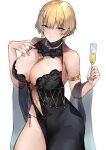  1girl absurdres alcohol armlet black_dress blonde_hair breasts cleavage cleavage_cutout clothing_cutout commentary cup dress drinking_glass earrings evening_gown girls&#039;_frontline hair_ornament highres jewelry kyoyakyo large_breasts mole mole_on_breast mole_under_eye navel_cutout official_alternate_costume panties revision short_hair side-tie_panties snowflake_hair_ornament string_panties underwear veil vsk-94_(girls&#039;_frontline) vsk-94_(night_on_the_silver_bay)_(girls&#039;_frontline) wine wine_glass 