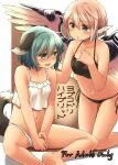  2girls animal_ears bare_legs bird_wings black_eyes black_panties blush camisole cover cover_page doujin_cover futa_with_female futanari green_eyes green_hair highres kasodani_kyouko kneeling multiple_girls mystia_lorelei navel panties penis pink_hair short_hair side-tie_panties sitting tail touhou underwear underwear_only white_panties wings yudepii 