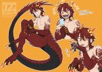  1boy animal_feet animal_hands claws closed_mouth digitigrade dragon_boy dragon_horns dragon_tail fangs food full_body highres holding holding_food holding_popsicle horns licking licking_finger long_tail looking_at_viewer male_focus monster_boy multicolored_eyes multiple_horns multiple_views open_mouth original popsicle red_eyes red_hair red_scales scales short_hair simple_background slit_pupils tail tokitsu_sousaku tongue tongue_out yellow_background yellow_eyes yellow_horns 