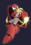  1boy arm_cannon commentary_request full_body helmet highres male_focus mega_man_(classic) mega_man_(series) proto_man robot scarf shield shoyu-z simple_background solo weapon yellow_scarf 