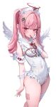  1girl absurdres angel_wings arm_at_side armband bandaged_arm bandages bandaid bandaid_on_arm blood blood_bag blush clothes_writing commentary covered_navel drinking flying_sweatdrops gauze hair_ornament hairclip halo hand_up hat heart highres looking_at_viewer mole mole_under_eye nurse_cap one-piece_swimsuit original pill pink_eyes pink_hair scratches sidelocks simple_background solo sweatdrop swimsuit twintails vampire white_background white_one-piece_swimsuit white_wings whitebc wings 