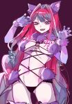  1girl animal_ears baobhan_sith_(fate) bow breasts claw_pose cosplay elbow_gloves fangs fate/grand_order fate_(series) fur-trimmed_gloves fur-trimmed_legwear fur_collar fur_trim gloves grey_eyes highres large_breasts long_hair looking_at_viewer mash_kyrielight mash_kyrielight_(cosplay) mash_kyrielight_(dangerous_beast) mash_kyrielight_(dangerous_beast)_(cosplay) misawa_mn navel o-ring open_mouth pink_hair purple_background purple_gloves revealing_clothes sidelocks smile solo wolf_ears 