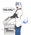  2023 absurd_res anthro balls business canid canine canis copy domestic_dog genitals hi_res kinktober kopkins male male/male mammal necktie nude office penis printer scanner solo warriorautobot wolf 