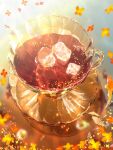  autumn cup drink evening falling_petals fish highres ice ice_cube makoron117117 original outdoors petals reflection saucer teacup 