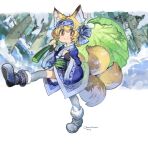  animal_ear_fluff animal_ears black_gloves blonde_hair blue_footwear blue_headband boots brown_eyes closed_mouth commentary_request fingerless_gloves fox_ears fox_girl fox_tail full_body gloves grey_thighhighs hair_between_eyes hair_intakes headband highres holding holding_leaf indie_virtual_youtuber kamiya_ris kitsune konno_takashi leaf leaf_umbrella long_sleeves looking_at_viewer shoe_soles short_eyebrows smile snow tail thick_eyebrows thighhighs thighhighs_under_boots virtual_youtuber walking wide_sleeves 