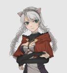  1girl ahoge animal_ears black_bridal_gauntlets blue_eyes braid breasts capelet cat_ears cat_girl closed_mouth crossed_arms fire_emblem fire_emblem_fates hairband harness highres hood hood_down hooded_capelet long_hair looking_to_the_side low_twin_braids medium_breasts nina_(fire_emblem) o-ring o-ring_harness parted_bangs red_capelet solo turtleneck twin_braids white_hair yurari_forever 
