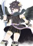  1boy ahoge angel angel_wings armlet bike_shorts black_hair black_wings bow_(weapon) commentary_request dark_pit highres holding holding_bow_(weapon) holding_weapon kid_icarus kid_icarus_uprising laurel_crown looking_at_viewer male_focus nopepe red_eyes solo weapon wings 