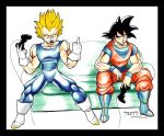  alien alien_humanoid annoyed_expression black_hair blonde_hair dragon_ball dragon_ball_z duo furniture gameover gaming gesture goku graphite_(artwork) hair happy humanoid male male/male middle_finger pencil_(artwork) playing_videogame saiyan signature simple_background sketch sofa traditional_media_(artwork) vegeta white_background 