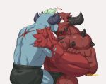  2_horns arkalpha arm_spikes blue_body blue_skin clothed clothing demon demon_humanoid duo gustav_(meg&#039;s_monster) horn humanoid kissing male male/male meg&#039;s_monster muscular muscular_humanoid muscular_male red_body red_skin roy_(meg&#039;s_monster) shoulder_spikes simple_background spikes spikes_(anatomy) white_background 