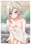 1girl blonde_hair blurry blurry_background breasts cleavage commentary_request covering_privates cowboy_shot gradient_hair grey_eyes highres holding holding_towel jean_bart_(kancolle) kantai_collection kasashi_(kasasi008) medium_breasts multicolored_hair naked_towel onsen parted_lips short_hair solo towel white_towel 