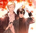  2boys autumn autumn_leaves black_hair black_jacket black_sweater blonde_hair blurry blurry_background blush closed_umbrella coat falling_leaves given highres holding holding_leaf holding_umbrella jacket kaji_akihiko leaf male_focus mouth_piercing multiple_boys murata_ugetsu pinoli_(pinoli66) smile sunlight sweater tree_shade turtleneck turtleneck_sweater umbrella upper_body 