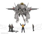  5boys aircraft airplane english_commentary flying gerwalk gun gunpod highres hose jet landing machine_gun machinery macross mecha missile multiple_boys nomansnodead original robot robotech science_fiction signature transformation vest vtol weapon white_background 