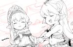  2girls =3 arm_support armband back_bow belly bikini bikini_skirt blush bow braid character_request charlotta_(granblue_fantasy) clenched_hand closed_eyes collarbone commentary_request draph flat_chest frilled_bikini frills granblue_fantasy greyscale hair_between_eyes hair_flaps hairband hand_up interlocked_fingers jingai_modoki long_hair monochrome multiple_girls navel open_mouth petite pointy_ears ponytail sidelocks sitting sketch_background smile smug striped striped_bikini swimsuit twitter_username wet wrist_cuffs 