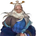  1boy beard facial_hair hair_ornament hair_stick highres long_hair long_sleeves male_focus old old_man ritsu_hsiao solo tale_of_wuxia thick_eyebrows upper_body white_background white_hair 