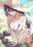  1girl beach black_hair blue_archive breasts cross cross_earrings earrings flower hair_over_one_eye hat hat_flower highres hinata_(blue_archive) hinata_(swimsuit)_(blue_archive) jewelry korokoro_nekoz large_breasts long_hair one-piece_swimsuit red_eyes red_flower straw_hat swimsuit white_one-piece_swimsuit 