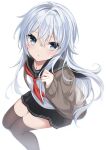  1girl absurdres black_sailor_collar black_skirt black_thighhighs blue_eyes blush brown_cardigan cardigan fathom feet_out_of_frame grey_hair hair_between_eyes hibiki_(kancolle) highres kantai_collection long_hair long_sleeves looking_at_viewer neckerchief open_cardigan open_clothes parted_lips pleated_skirt red_neckerchief sailor_collar school_uniform serafuku simple_background skirt solo thighhighs white_background 