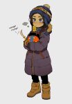  1girl braid brown_hair coat countryball cyrillic gloves hat highres medium_hair messy_hair mongoliaball nanimonothing original saber_(weapon) soyombo soyombo_earrings sword twin_braids weapon winter_clothes 