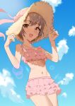  1girl absurdres bikini bikini_skirt blue_sky blush cloud commentary_request cowboy_shot day etsutsuni flat_chest frilled_bikini frills grey_eyes grey_hair hat hat_ribbon highres idolmaster idolmaster_cinderella_girls looking_at_viewer navel open_mouth otokura_yuuki outdoors pink_bikini pink_ribbon ribbon short_hair sky smile solo sun_hat swimsuit 