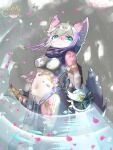  absurd_res anthro blue_eyes bow_ribbon canid canine female fur grey_hair hair hi_res inner_ear_fluff kemono mammal melee_weapon nrpwccold221 petals pink_body pink_fur ribbons scarf snowflake solo sword tuft weapon 
