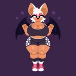  1:1 anthro bat belly big_breasts bottomwear breasts chubby_female cleavage clothed clothing crop_top eyeshadow fangs female footwear fur green_eyes hi_res huge_breasts makeup mammal navel naycelium rouge_the_bat sega shirt shoes shorts solo sonic_the_hedgehog_(series) teeth thick_thighs topwear white_body white_fur wings 