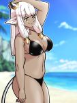 1girl :&gt; animal_ears arm_at_side arm_up ash_(fire_emblem) bangs bare_arms bare_shoulders beach bikini black_bikini black_horns blue_sky blunt_bangs blurry blurry_background breasts cleavage closed_mouth cloud collarbone cow_ears cow_girl cow_horns cow_tail dark-skinned_female dark_skin day earrings english_commentary fire_emblem fire_emblem_heroes hand_on_own_head highres hoop_earrings horns jewelry large_breasts legs_together mnejing30 navel outline sky smile solo standing swimsuit tail thighs water white_hair white_outline white_tail yellow_eyes 