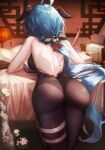  1girl ahoge artist_request bare_shoulders blue_hair bodystocking breasts ganyu_(genshin_impact) genshin_impact goat_horns gold_trim h2o_(dfo) highres horns large_breasts long_hair low_ponytail pantyhose solo tagme thighlet white_sleeves 