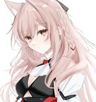  1girl animal_ear_fluff animal_ears arknights black_bra bra braid breasts cleavage commentary earrings extra_ears eyelashes flower goma_74umai hair_intakes head_tilt highres jacket jewelry light_frown long_hair looking_at_viewer medium_breasts pink_eyes pink_hair portrait pozyomka_(arknights) red_flower red_rose rose side_braid sidelocks solo underwear upper_body white_jacket wolf_ears wolf_girl 