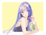  1girl black_camisole blue_eyes blue_hair blush camisole drink drinking_straw highres long_hair monchi_(dldrmfi) original parted_bangs parted_lips simple_background solo upper_body yellow_background 