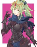  1girl absurdres armor breastplate breasts cleavage fire_emblem fire_emblem_fates gauntlets green_eyes green_hair hair_ornament highres long_hair looking_at_viewer pink_background pointy_ears ponytail ribbon scarf solo tiara tiki_(adult)_(fire_emblem) tiki_(fire_emblem) truejekart 