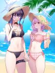  2girls absurdres atsuko_(blue_archive) bare_arms bare_shoulders bikini black_bikini blue_archive blue_eyes blue_hair blue_sky braid breasts cloud commentary_request day detached_sleeves food hat highres holding holding_food holding_hands ice_cream ice_cream_cone long_hair looking_at_another medium_breasts multiple_girls navel ocean pink_bikini purple_hair red_eyes saori_(blue_archive) short_sleeves sky stomach sun_hat suyasuya_(user_tjnw5554) swimsuit thigh_strap thighs water 