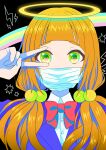  1girl aku_nozu black_background blue_jacket bow brown_hair green_eyes hair_bobbles hair_ornament halo jacket looking_at_viewer mask mouth_mask original rainbow red_bow school_uniform solo upper_body v 