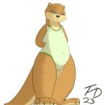  absurd_res anthro bedroom_eyes camel_toe clothing female flintdogge hands_behind_back hi_res mammal mustelid narrowed_eyes one-piece_swimsuit otter seductive signature simple_background solo standing swimwear tight_clothing white_background 