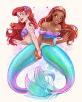  2girls ariel_(disney) bubble dark-skinned_female dark_skin dreadlocks fins fish_tail flower hair_flower hair_ornament highres holding_hands jewelry long_hair luztapiaart mermaid monster_girl multiple_girls necklace open_mouth red_hair shell_necklace smile tail the_little_mermaid the_little_mermaid_(2023) twitter_username 