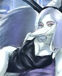  2023 amber_eyes anthro bedroom_eyes breasts bunny_costume cleavage clothed clothing costume curvy_figure dark_rya detailed_background digital_drawing_(artwork) digital_media_(artwork) dinosaur eyelashes eyeliner fake_ears fake_rabbit_ears fang_(gvh) female goodbye_volcano_high grey_body grey_scales hair hi_res inside leotard long_hair looking_at_viewer lying makeup narrowed_eyes on_side pterodactylus pterosaur reptile scales scalie seductive silver_hair smile snoot_game snout solo wide_hips 