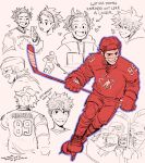  1boy alternate_costume alternate_universe boku_no_hero_academia canada character_name closed_eyes closed_mouth commentary english_commentary english_text freckles full_body gloves grin group_hug habkart heart highres hockey_stick holding hood hood_down hoodie hug ice_hockey ice_skates male_focus midoriya_izuku missing_tooth monochrome multiple_views open_mouth shirt short_hair simple_background skates smile teeth v 